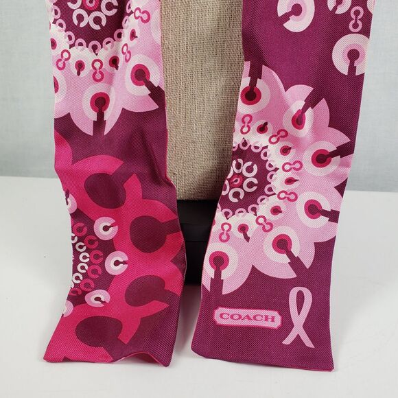 COACH Breast Cancer Awareness Slim Scarf Signature Logo Pink Red Silk Reversible - Picture 8 of 16